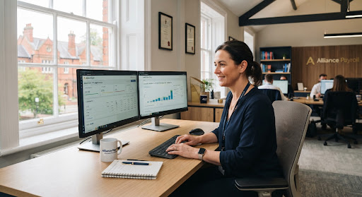 The Alliance Payroll bureau in Droitwich Spa with dual monitors showing payroll ledgers